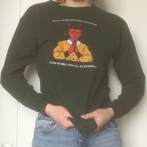 Dark Green Graphic Crewneck Sweatshirt with Red & Yellow Devil Print